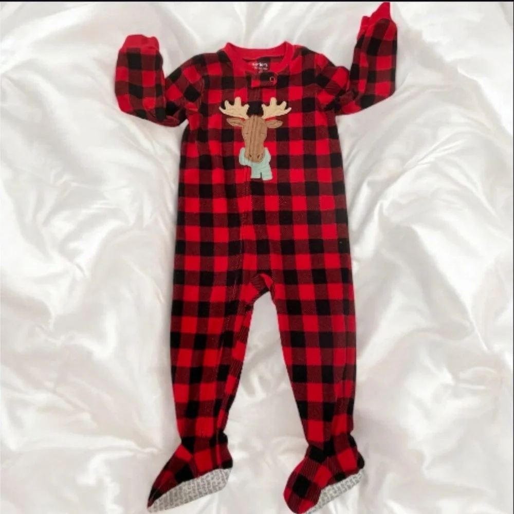 Carter's Red and Black Checkered Moose Fleece Pajamas